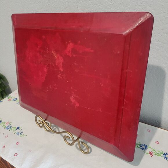 Vintage Olinala Mexican Folk Art Lacquered Wood Hand Painted Tray 16 x 12" Red/B - Picture 9 of 11
